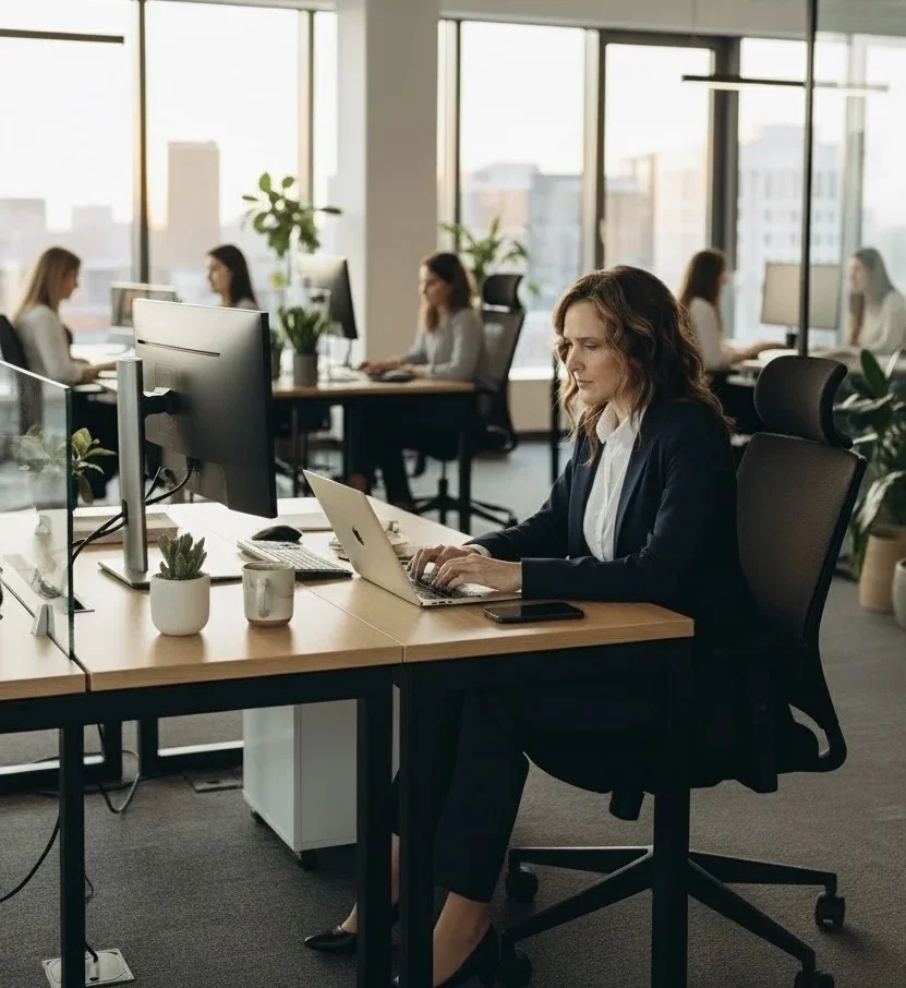 Команда бухгалтерів Consult Group працює з документами та комп'ютерами в сучасному офісі